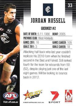 2012 Select AFL Champions #33 Jordan Russell Back